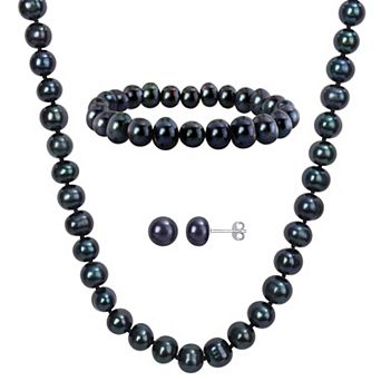 Stella Grace Black Freshwater Cultured Pearl Necklace, Stretch Bracelet & Stud Earrings 3 pc Set
