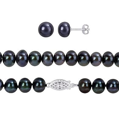 Stella Grace Black Freshwater Cultured Pearl Necklace, Stretch Bracelet & Stud Earrings 3-piece Set