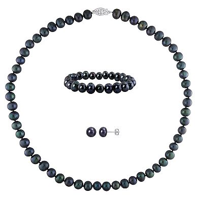 Stella Grace Black Freshwater Cultured Pearl Necklace, Stretch Bracelet & Stud Earrings 3-piece Set