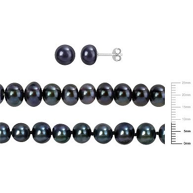 Stella Grace Black Freshwater Cultured Pearl Necklace, Stretch Bracelet & Stud Earrings 3-piece Set