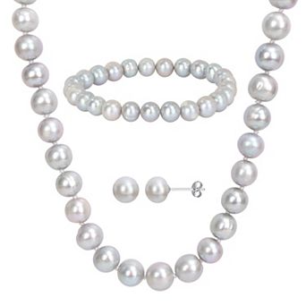 Stella Grace Grey Freshwater Cultured Pearl Necklace, Stretch Bracelet & Stud Earrings 3 pc Set