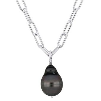 Stella Grace Sterling Silver Black Tahitian Cultured Pearl Drop Necklace
