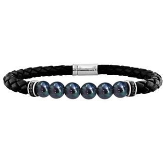 Stella Grace Men's Freshwater Black Cultured Pearl & Black Diamond Braided Leather Bracelet