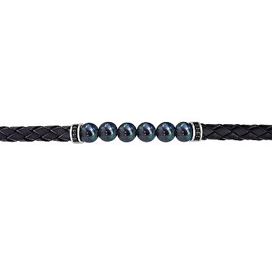 Stella Grace Men's Freshwater Black Cultured Pearl & Black Diamond Braided Leather Bracelet
