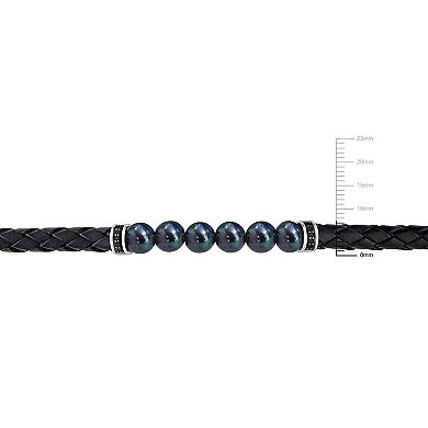 Stella Grace Men's Freshwater Black Cultured Pearl & Black Diamond Braided Leather Bracelet