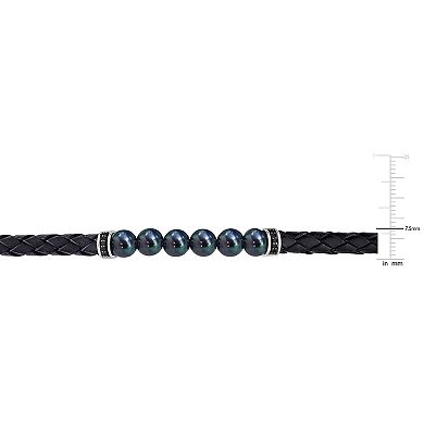 Stella Grace Men's Freshwater Black Cultured Pearl & Black Diamond Braided Leather Bracelet