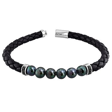 Stella Grace Men's Freshwater Black Cultured Pearl & Black Diamond Braided Leather Bracelet