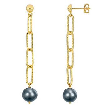 Stella Grace 18k Gold Over Silver Freshwater Black Cultured Pearl Drop Chain Earrings