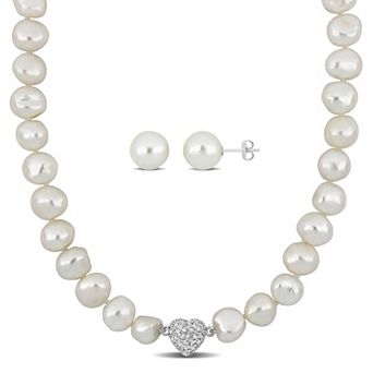 Stella Grace Freshwater Cultured Pearl & Cubic Zirconia Necklace & Stud Earrings Set