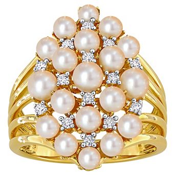 Stella Grace 18k Gold Over Silver 1/5 Carat T.W. Diamond & Freshwater Cultured Pearl Cluster Ring