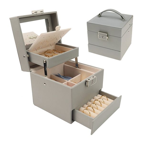 3 Layer Jewelry Box With Mirror For Women Jewelry Storage Display Holder - Grey