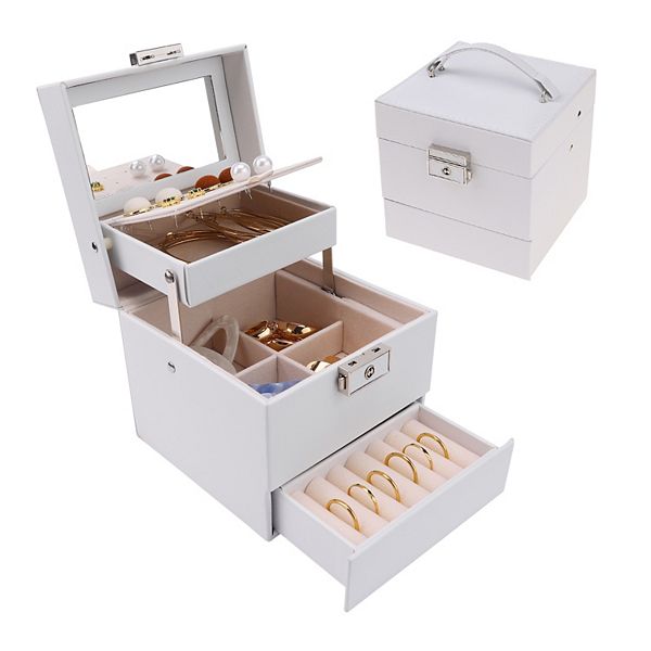 3 Layer Jewelry Box With Mirror For Women Jewelry Storage Display Holder - White