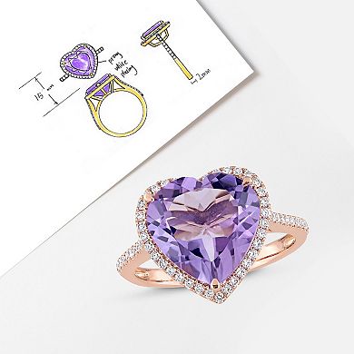 Stella Grace 14k Rose Gold Heart Shape Amethyst & 1/3 Carat T.W. Diamond Halo Ring