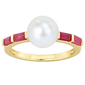 Stella Grace 10k Gold Freshwater Cultured Pearl & Ruby Stackable Ring