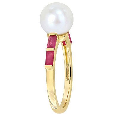 Stella Grace 10k Gold Freshwater Cultured Pearl & Ruby Stackable Ring