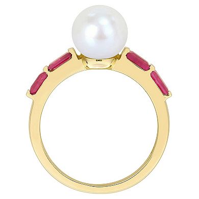 Stella Grace 10k Gold Freshwater Cultured Pearl & Ruby Stackable Ring