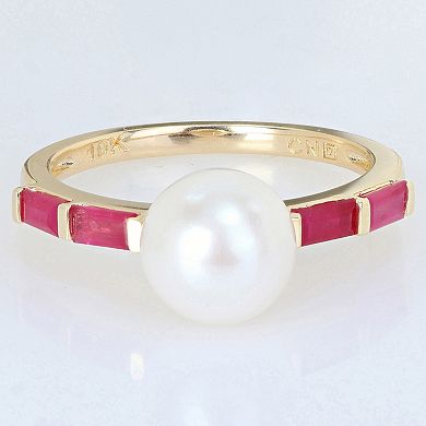 Stella Grace 10k Gold Freshwater Cultured Pearl & Ruby Stackable Ring
