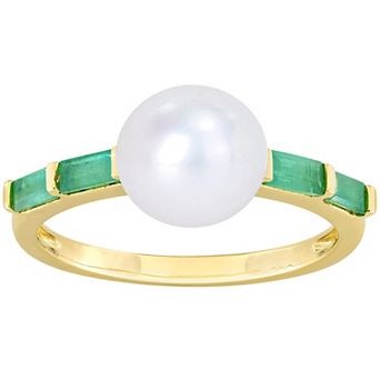 Stella Grace 10k Gold Freshwater Cultured Pearl & Emerald Stackable Ring