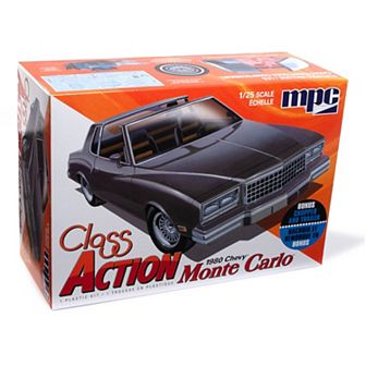 Round 2 MPC: 1:25 Scale Model Kit - 1980 Chevy Monte Carlo Class Action - 110 Parts, Includes Chopper & Trailer, Unpainted Replica Classic Car Building Kit