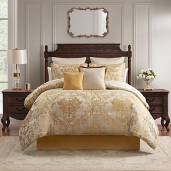 Marquis by Waterford Tarmon Gold Patterned 8 pc Comforter Set with Throw Pillows