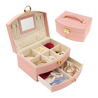2 Layer Jewelry Box With Mirror Pu Leather Jewelry Organizer Case With Drawer