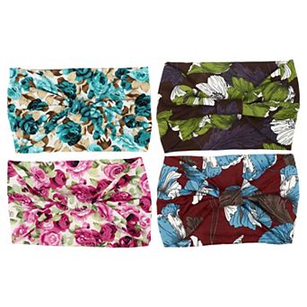 4 pc Fashion Bohemia Printed Wide-side Knotted Headwrap For Women Blue Pink Brown Green