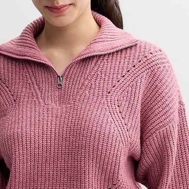 Juniors' Sugar Moon Long Sleeve Quarter Zip Solid Sweater