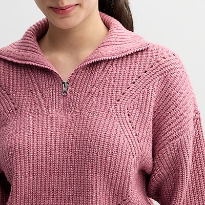 Juniors' Sugar Moon Long Sleeve Quarter Zip Solid Sweater