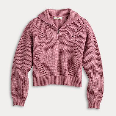 Juniors' Sugar Moon Long Sleeve Quarter Zip Solid Sweater