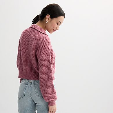 Juniors' Sugar Moon Long Sleeve Quarter Zip Solid Sweater