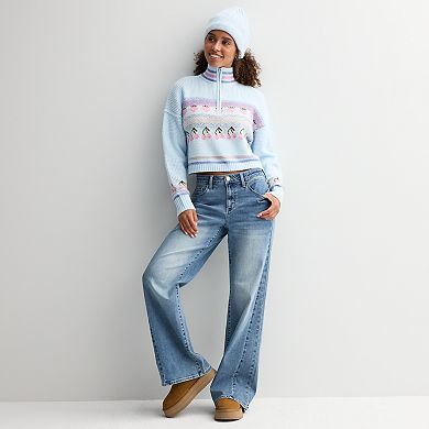 Juniors' Sugar Moon Long Sleeve Quarter Zip Jacquard Sweater