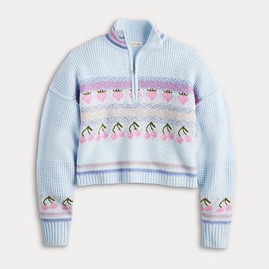 Juniors' Sugar Moon Long Sleeve Quarter Zip Jacquard Sweater