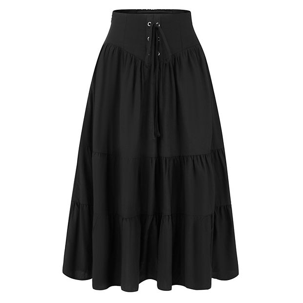 Tiered A-Line Skirt for Women's Lace Up Elastic Waist Flare