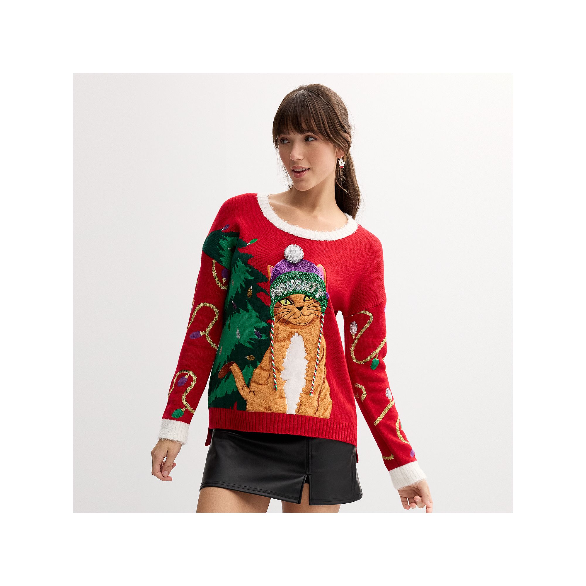 Juniors Plus Jollidays 3D Holiday Sweater, Girls, Size: 5XL, Red Cat