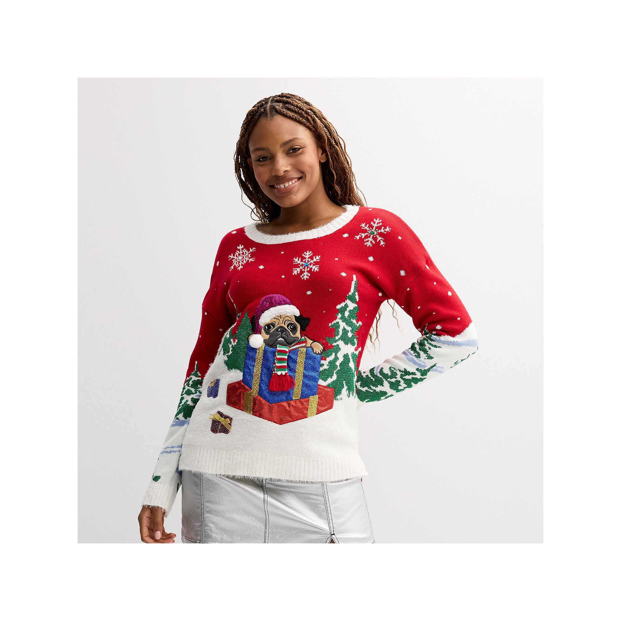 Juniors Plus Jollidays 3D Holiday Sweater, Girls, Size: 5XL, Red Pug