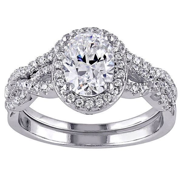 Stella Grace Sterling Silver Cubic Zirconia Oval Halo Bridal Ring Set - Sterling (6)