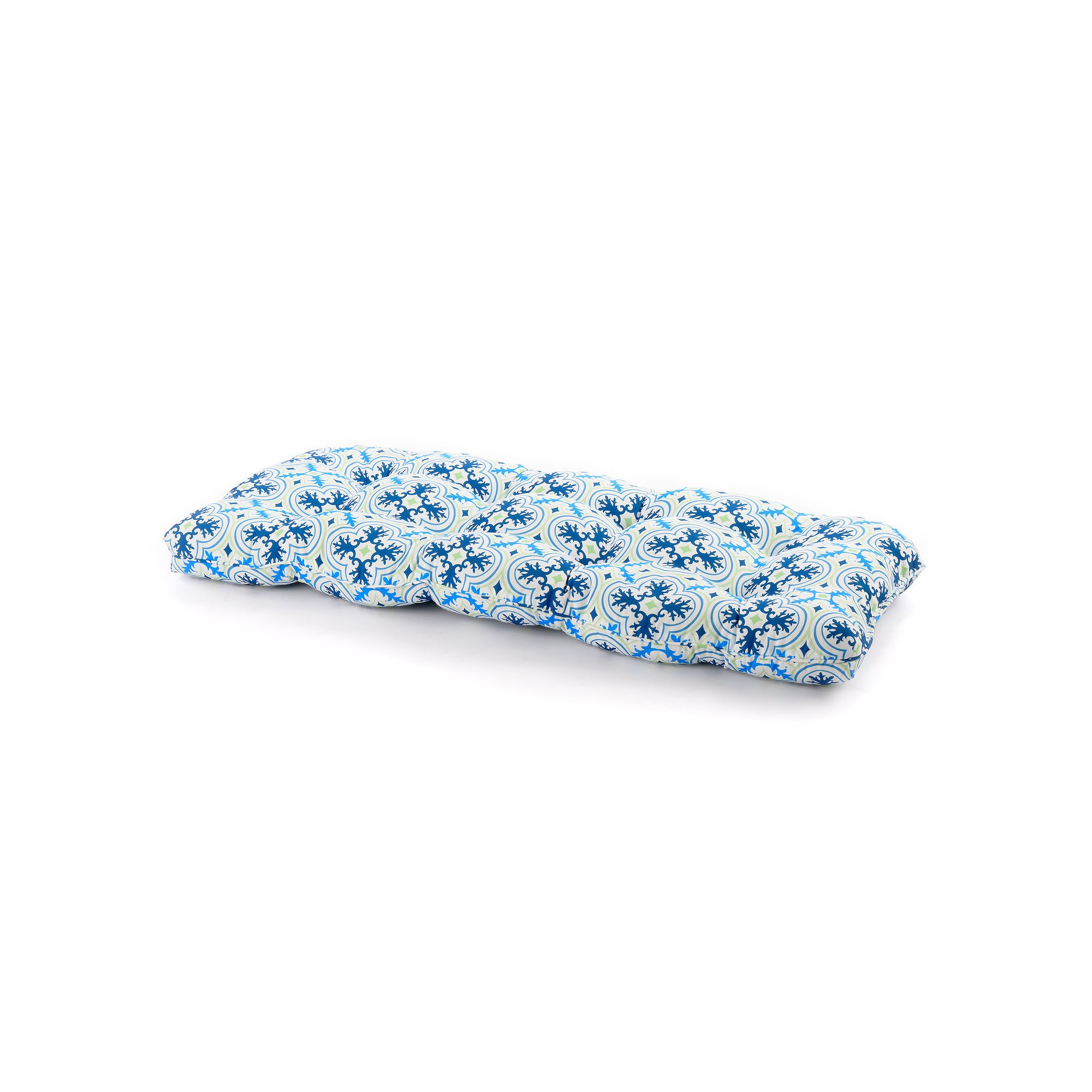 Lillian Outdoor Tufted Loveseat Settee Cushion, Porto Tile Blue Grn