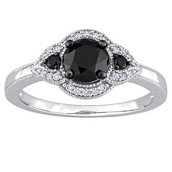 Stella Grace 14k White Gold 1 1/7 Carat T.W. Black & White Diamond 3-Stone Halo Engagement Ring