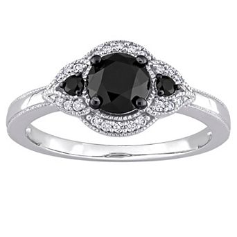 Stella Grace 14k White Gold 1 1/7 Carat T.W. Black & White Diamond 3-Stone Halo Engagement Ring
