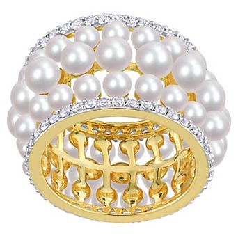 Stella Grace 18k Gold Over Silver Freshwater Cultured Pearl & Lab-Created White Sapphire 3-Row Ring
