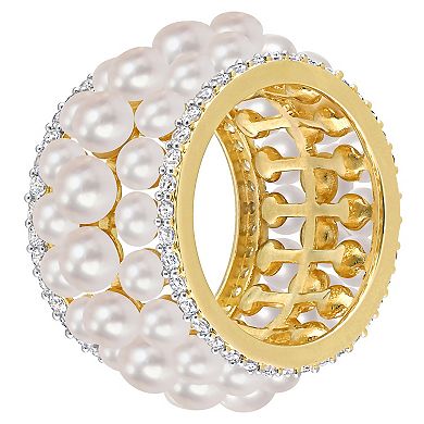 Stella Grace 18k Gold Over Silver Freshwater Cultured Pearl & Lab-Created White Sapphire 3-Row Ring