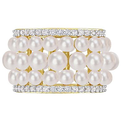 Stella Grace 18k Gold Over Silver Freshwater Cultured Pearl & Lab-Created White Sapphire 3-Row Ring