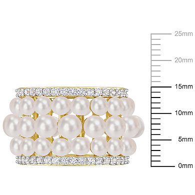 Stella Grace 18k Gold Over Silver Freshwater Cultured Pearl & Lab-Created White Sapphire 3-Row Ring