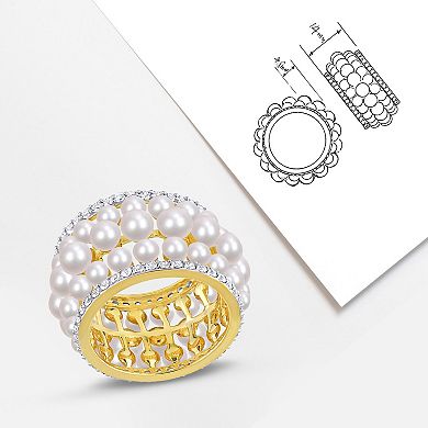 Stella Grace 18k Gold Over Silver Freshwater Cultured Pearl & Lab-Created White Sapphire 3-Row Ring