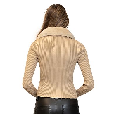 Juniors' madden girl Long Sleeve Faux Fur Shawl Collar Tie Front Rib Cardigan