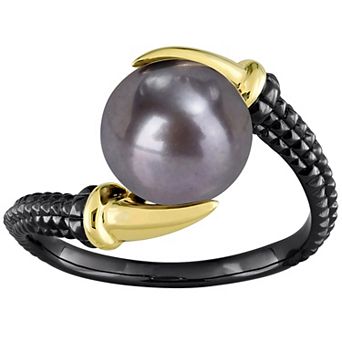 Stella Grace Men's 18k Gold Over Silver Dyed Black Freshwater Cultured Pearl Ring