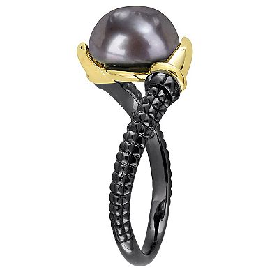 Stella Grace Men's 18k Gold Over Silver Dyed Black Freshwater Cultured Pearl Ring
