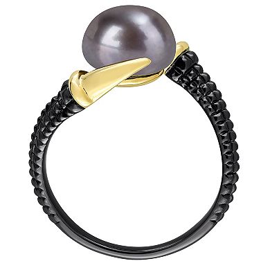 Stella Grace Men's 18k Gold Over Silver Dyed Black Freshwater Cultured Pearl Ring