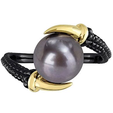 Stella Grace Men's 18k Gold Over Silver Dyed Black Freshwater Cultured Pearl Ring