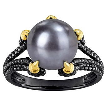 Stella Grace Men's 18k Gold Over Silver Dyed Black Freshwater Cultured Pearl Ring